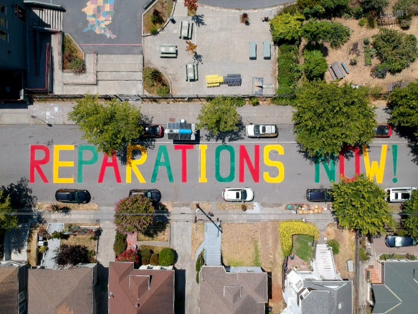 "Reparations Now" Painted Street Aerial View